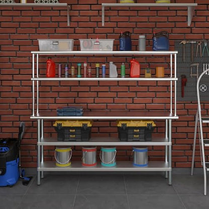 Stainless Steel Work Table with 2 Shelves & Overshelf (14" x 72" Table With 2 Shelves + 12" Overshelf)