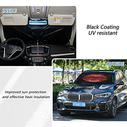 Woman Red Lips Glitter Windshield Sun Shade Umbrella Foldable Car Front Window Sunshade Blocks UV Rays Heat Keep Vehicle Cool (multi 29)