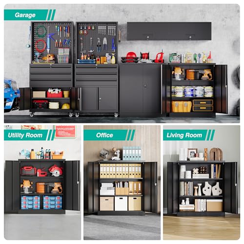 Small Metal Storage Cabinet with Doors and Shelves (36"H x 31.5"W x 16"D / Black)