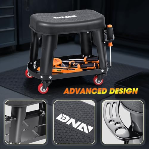 TOOLS 00252 Removable Rolling Garage Stool with Seat Cushion & Tool Tray Plate (Black)