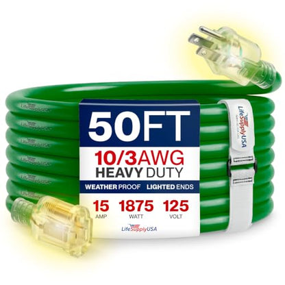50ft Outdoor Indoor Extension Cord 10 (50 FT / 10AWG / Green)