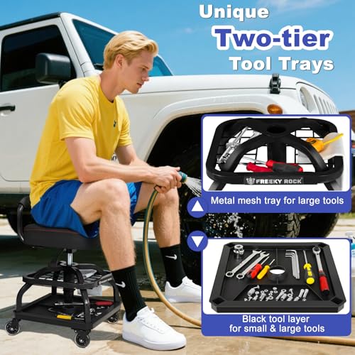 Rolling Shop Stool with Wheels (Black)