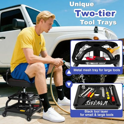 Rolling Shop Stool with Wheels (Black)