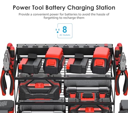 Garage Tools Storage with Charging Station. Power Tool Battery Organizer Utility Shelf with Power Strip. 4 Drills Holder Wall Mount Rack (Small / 3 Layer)