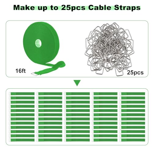 1"x16ft Hook and Loop Straps with 25 Metal Buckles (1in x 16ft Green)