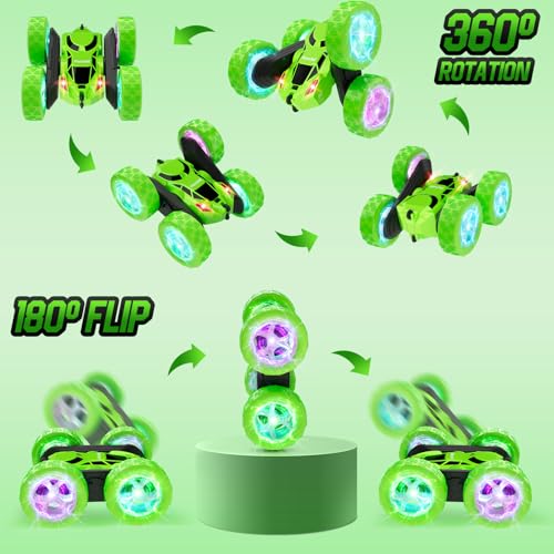 Remote Control Stunt Car for Kids (Green / Glow (Headlights & Wheel Lights))