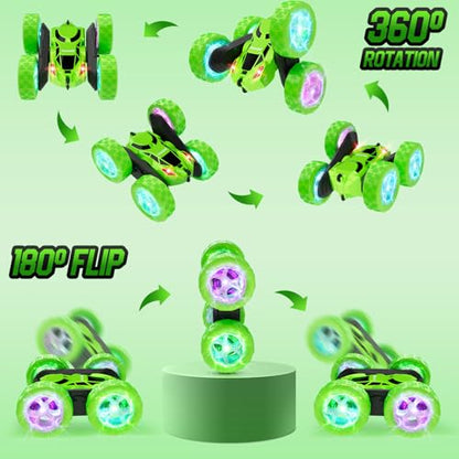 Remote Control Stunt Car for Kids (Green / Glow (Headlights & Wheel Lights))