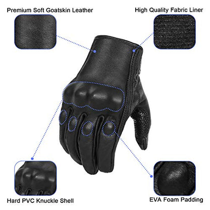 Updated Full Finger Leather Motorcycle Gloves Phone Touch Goat Skin Black Motorbike Riding Gloves (Updated,non-perforated / Large)