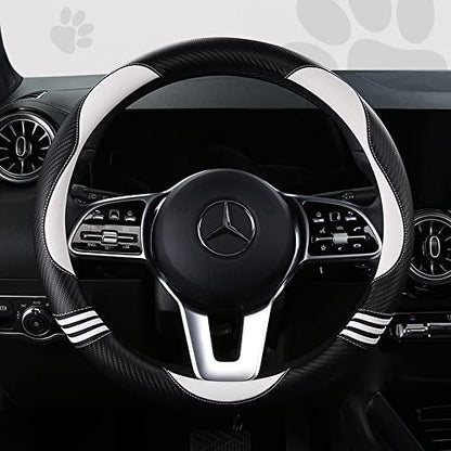 Car Steering Wheel Covers for Women Girl Padded Carbon Fiber PU Leather Cute Cartoon Auto Interior Accessories for Jeep (White+Black / Large Size[15.2-16"](38.6-40.5cm))