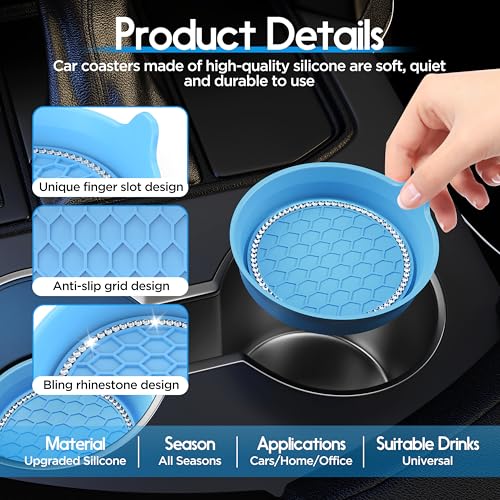 4 Pack Car Cup Holder Coaster Bling Crystal Rhinestone Car Interior (Light Blue / 4 Pack)