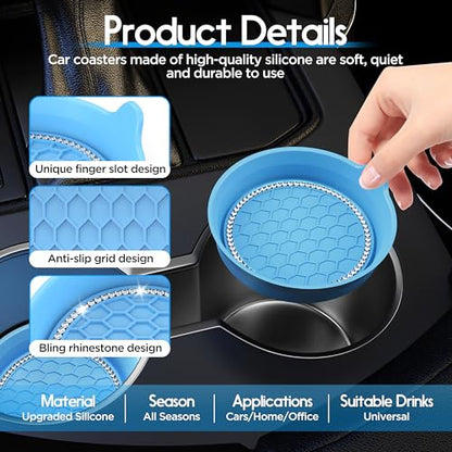 4 Pack Car Cup Holder Coaster Bling Crystal Rhinestone Car Interior (Light Blue / 4 Pack)