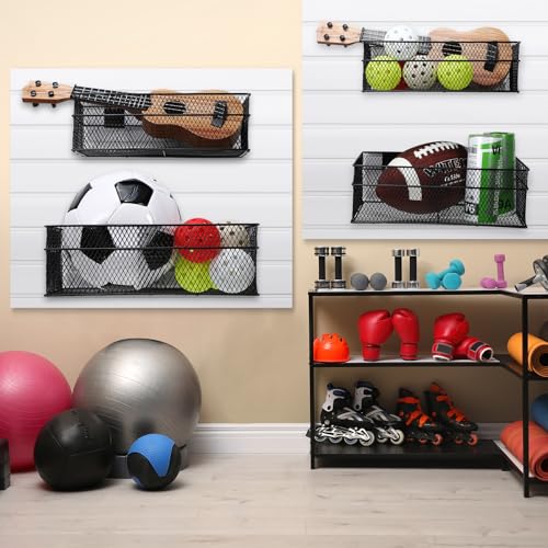 4 Pcs Slatwall Basket Set Ventilated Metal Slatwall Basket Hanging Wire Bins Wall Mounted Accessories for Panel Garage Storage Display Organizing (XX-Large / Black)