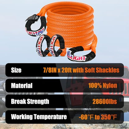 Kinetic Recovery Tow Rope 7 (7/8in x 20ft Rope+2Pcs Shackles / Straps)