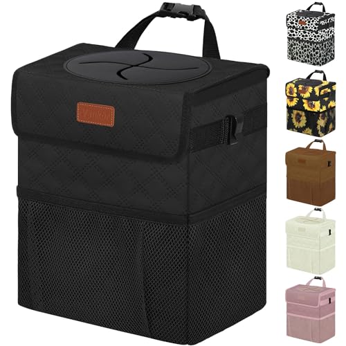 Car Trash Can with Lid Leak Proof Car Accessories for Women (2.2 Gallons / Quilted-Black)