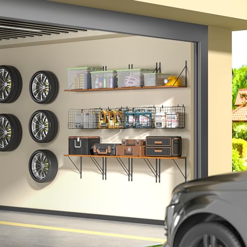 2 Pack Garage Shelves Wall Mounted with Wire Storage Baskets