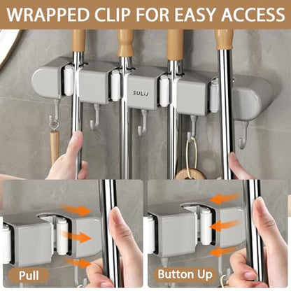 2Pcs Broom Holder Wall Mount (Grey)