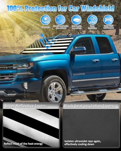 B&W American Flag Car Windshield Sun Shade Compatible with Chevy Silverado 2014 (for Chevy Silverado 2014-2018 - USA Flag)