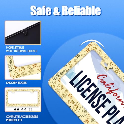 Yellow Wild Flowers License Plate Frame Stainless Steel Accessory12.3x6.3In (Yellow Wild Flower Floral)