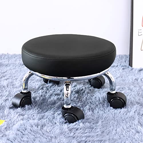 Modern Roller Seat PU Leather Low Round Rolling Stool 360° Swivel Small Seat with Universal Wheels Foot Stool for Home Office Garage Shop Fitness Sport H：8.6" （Black） (Black)