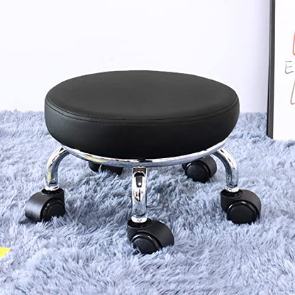 Modern Roller Seat PU Leather Low Round Rolling Stool 360° Swivel Small Seat with Universal Wheels Foot Stool for Home Office Garage Shop Fitness Sport H：8.6" （Black） (Black)