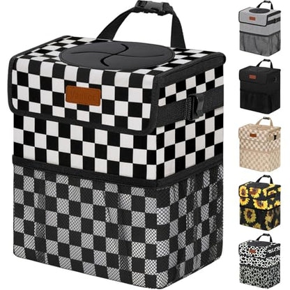 Car Trash Can with Lid Leak Proof Car Accessories for Women (3 Gallons / Black White Checkered)
