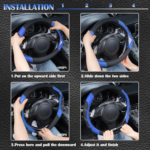 Line Rider Microfiber Leather Sporty Steering Wheel Cover Universal Fits for 95% Truck (Black＆Blue / Standard[14.5"-15"])