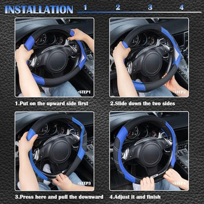 Line Rider Microfiber Leather Sporty Steering Wheel Cover Universal Fits for 95% Truck (Black＆Blue / Standard[14.5"-15"])