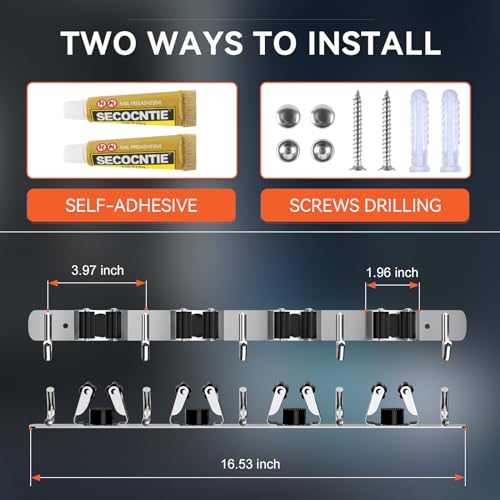 2 Pack Mop Broom Holder Wall Mount 4 Racks 5 Hooks Storage Silver (2Pack 4R5H / Silver)