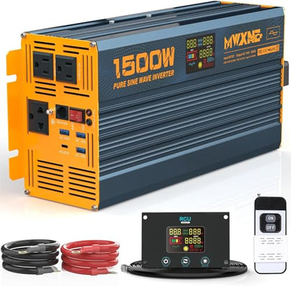 1500W/3000W(Peak) Power Inverter Pure Sine Wave DC 12V to 110V 120V AC Converter 3 AC Outlets Car Inverters with 4 USB Fast Charging Ports, LCD Display and Remote Controller for Truck RV (1500W- 12V)
