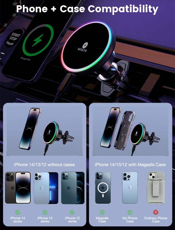 for Magsafe Car Mount Charger 15W LED RGB Car Phone Holder for Dash Vent (A Colorful Charger)