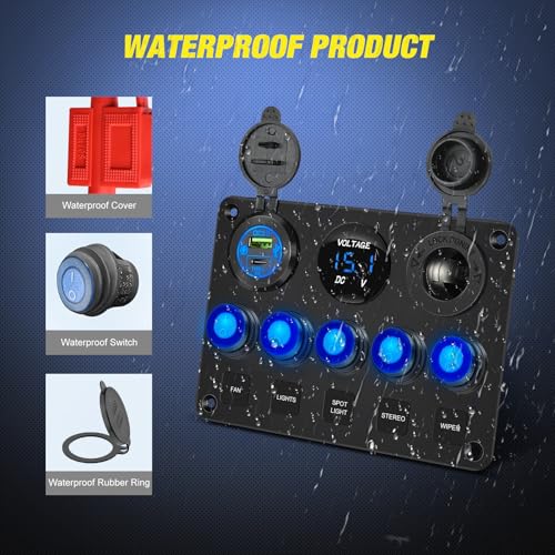 5 Gang Multi Function Switch Panel Waterproof Pre (Waterproof Type C + USB Blue)
