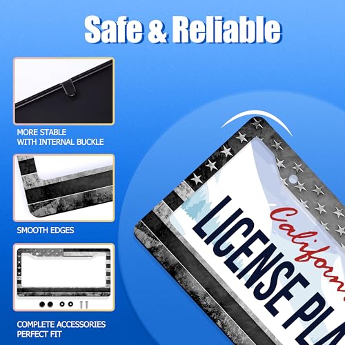 Grey Black American License Plate Frame Stainless Steel Holder 12.3" x 6.3" (Grey Black American Flag USA Flag)