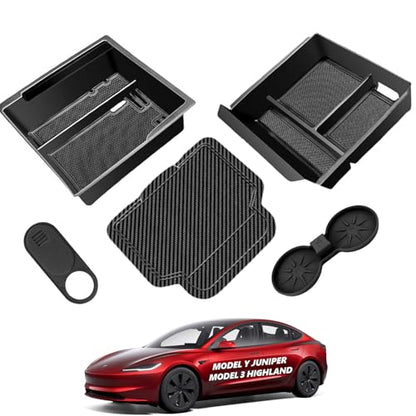 5pcs Center Console Organizer Tray for Tesla Model 3 Highland Model Y Juniper Model Y L 2025 2026 Accessories Storage Tray Armrest Tray Insert Cup Holder Hidden Compartment Storage (Juniper & Highland (Style 1))