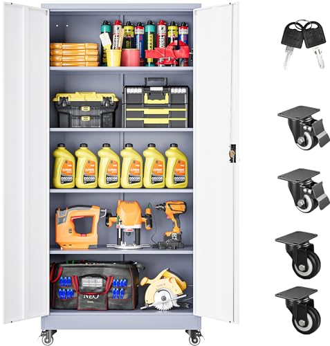 75" Tall Metal Storage Cabinet with Wheels (75"H x 31.5"W x 16"D / Gray White)