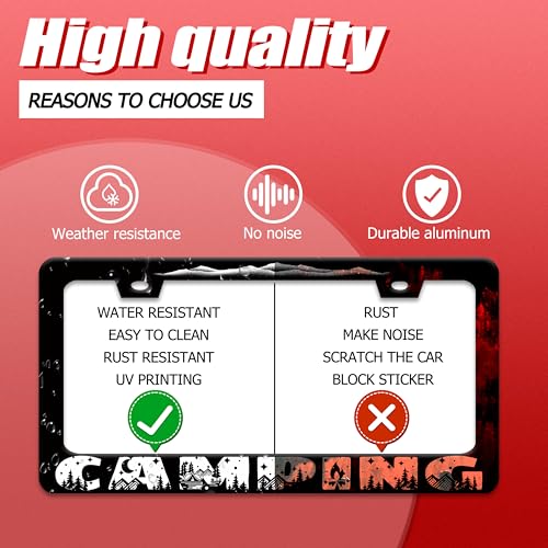 Camping License Plate Frame Mountains License Plate Holder Forest for Car Decorative Parts Stainless Stee License Plate for Standard Us Canada Funny License Plate Frames 12x6 Inch (Camping)