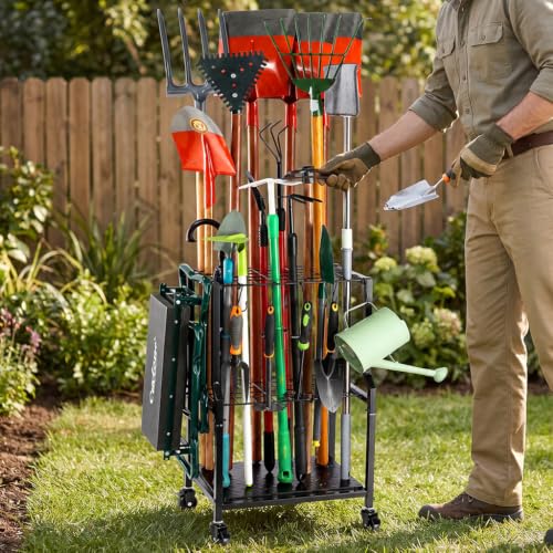 Garden Tool Organizer for Garage Corner (Quadrangel-Wheels-Black)