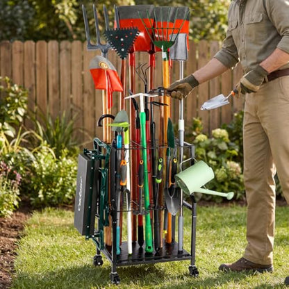 Garden Tool Organizer for Garage Corner (Quadrangel-Wheels-Black)