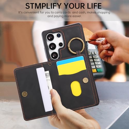 Compatible with Samsung Galaxy S24 Ultra 5G Wallet Case and Screen Protector Crossbody Shoulder Strap Stand Card Holder Magnetic Car Mount Cell Phone Cover for S24Ultra S 24 24Ultra Women Men Black (Black / for S24 Ultra)