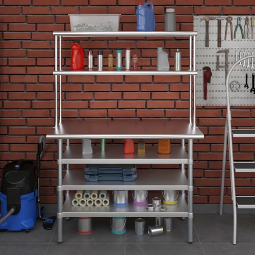 24" x 48" Stainless Steel Work Table with 3 Shelves and 12" Wide Double Tier Overshelf (24" x 48" Table with 3 Shelves + 12" Overshelf)