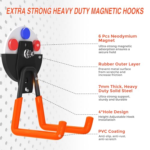 6Pcs Heavy Duty Storage Magnetic Utility Hooks Large Garage Strong Extra Magnet Hooks Hanger with Anti (2.6" Magnet-6 Pack-Orange)