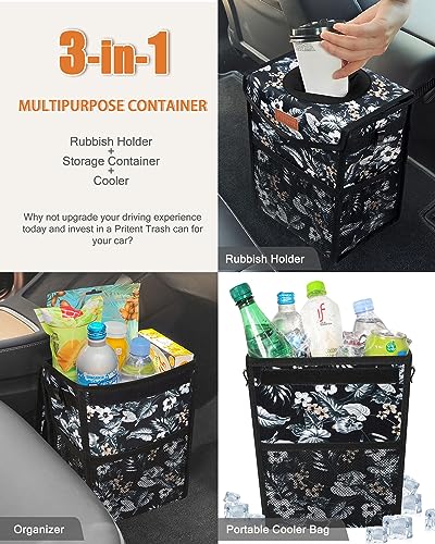 Car Trash Can with Lid Leakproof Car Garbage Bag Vehicle Trash Bin (2 Gallons / Black with Lily Print)