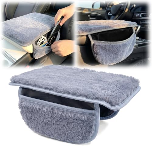 Plush Fuzzy Fur Car Armrest Cover with Side Pockets