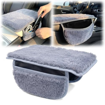 Plush Fuzzy Fur Car Armrest Cover with Side Pockets