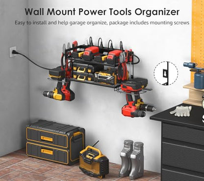 Garage Tools Storage with Charging Station. Power Tool Battery Organizer Utility Shelf with Power Strip. 4 Drills Holder Wall Mount Rack (Small / 2 Layer)