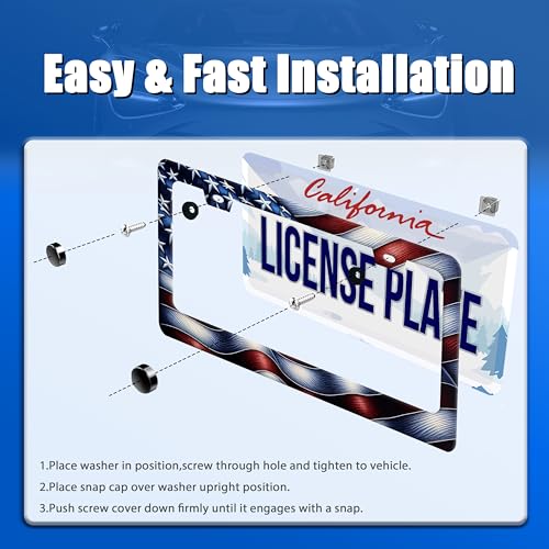 American License Plate Frame Stainless Steel Accessory 12.3 x 6.3 Inch (American USA Flags)