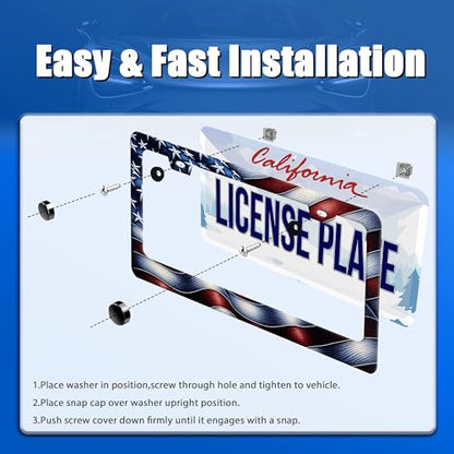 American License Plate Frame Stainless Steel Accessory 12.3 x 6.3 Inch (American USA Flags)