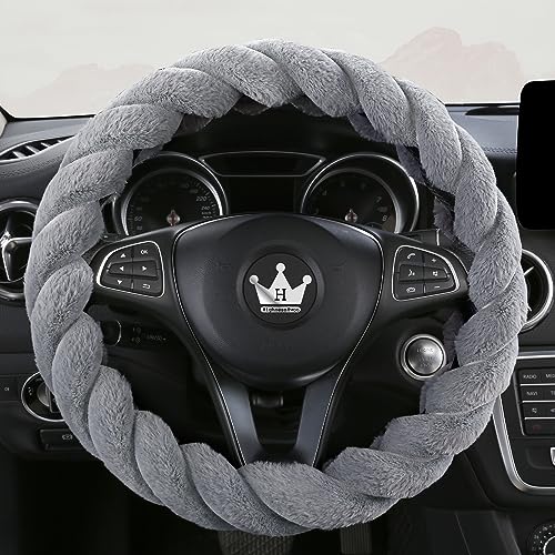 Luxury Fluffy Winter Car Steering Wheel Cover for Women Soft Warm Plush Cute Auto Accessories for Vehicle (Gray / Standard Size [14.75-15.15"] (37.5-38.5cm))