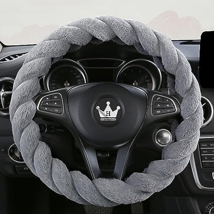 Luxury Fluffy Winter Car Steering Wheel Cover for Women Soft Warm Plush Cute Auto Accessories for Vehicle (Gray / Standard Size [14.75-15.15"] (37.5-38.5cm))