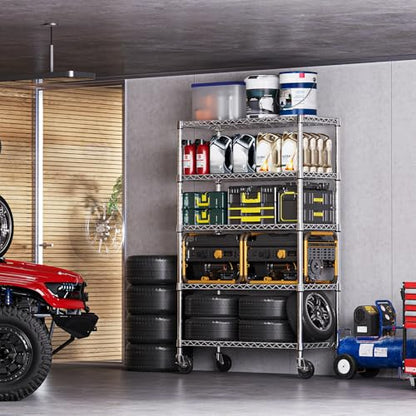 5 Tier Storage Shelving Unit with Wheels (5 Tier, 17.7" D x 47.2" W x 76.7" H / Chrome)