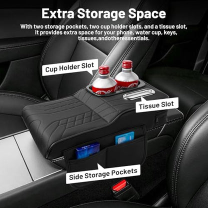 4-in-1 Center Console Cover for Tesla Model Y/Model 3 2020-2026 Accessories Armrest Cushion with Multi-Purpose Storage Leather Middle Console Cover for Model Y Juniper/Model 3 Highland (12)20-26|Model Y&3|Black,+Thick,+ Pockets)